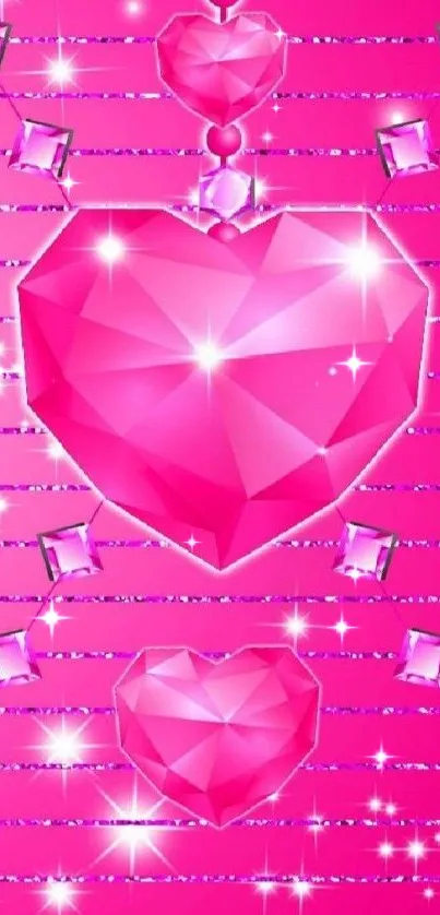 Mobile wallpaper with pink gem heart design and sparkling effect.