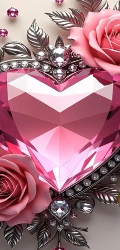 Pink gem heart surrounded by roses and silver leaves.