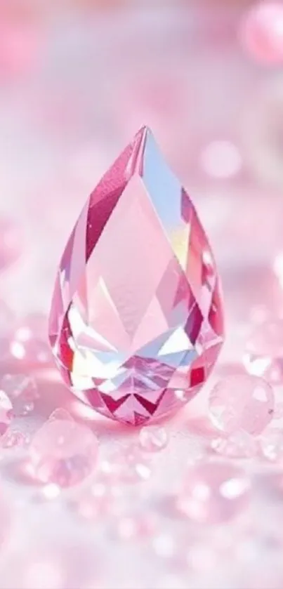 A vibrant pink gemstone surrounded by sparkling crystals.