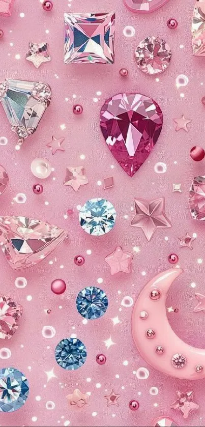 Pink wallpaper with gemstones and crescent moon