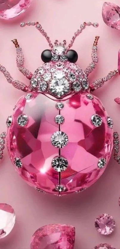 Pink gemstone ladybug amidst scattered gems.