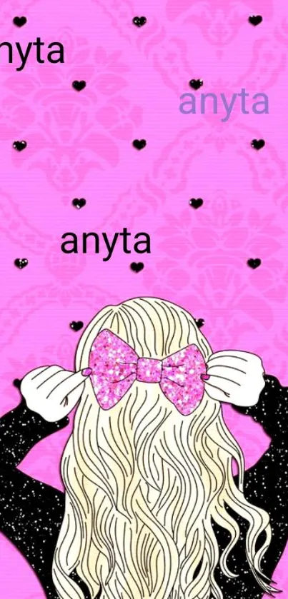 Girly pink wallpaper with blonde hair and sparkling bow.