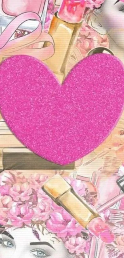 Pink heart with makeup elements in artistic style wallpaper.