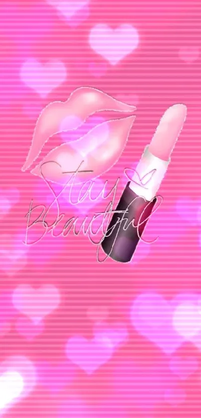 Mobile wallpaper with pink background featuring lipstick and 'Stay Beautiful' text.