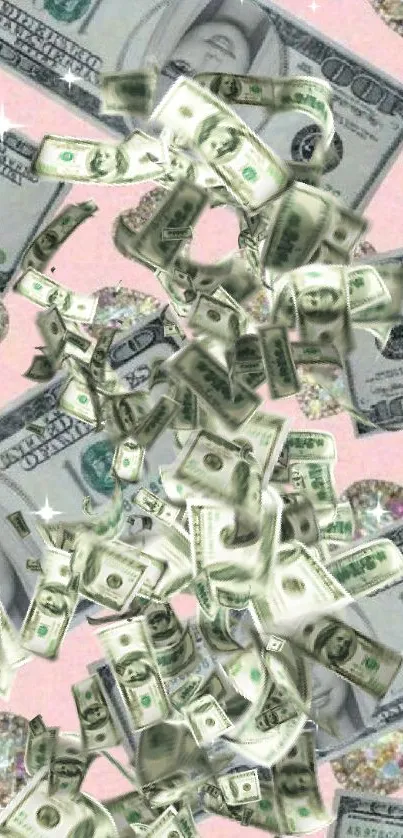 Barbie-themed dollar bills and glitter hearts on a pink background wallpaper.