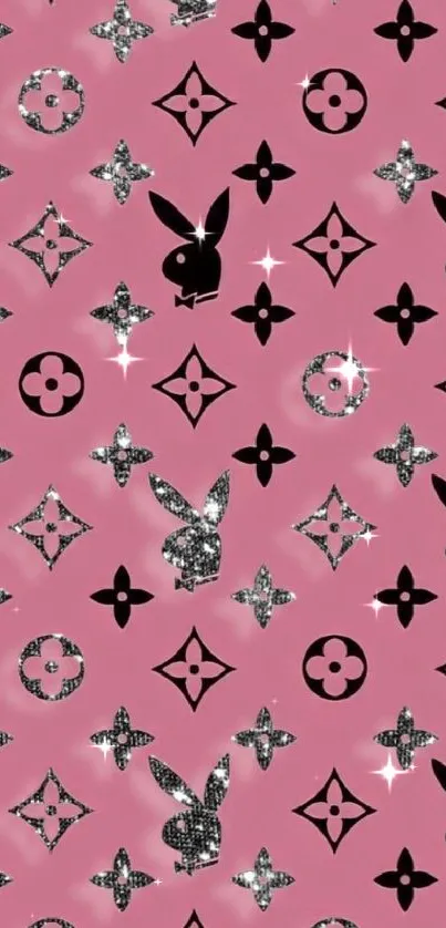 Pink wallpaper with black and silver pattern.