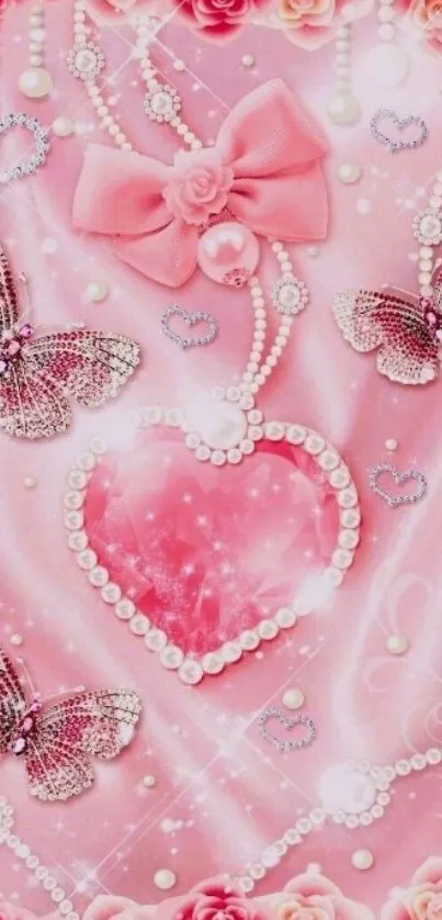 Glamorous pink heart with butterflies and pearls wallpaper