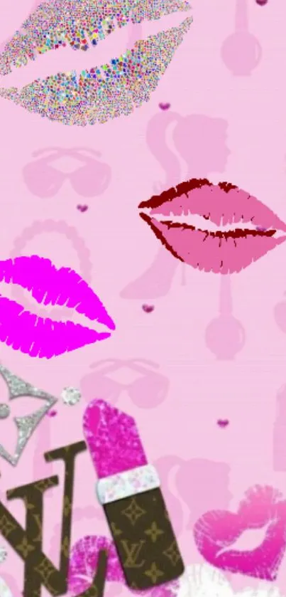 Pink wallpaper with glamorous lips and luxury accessories on a chic background.