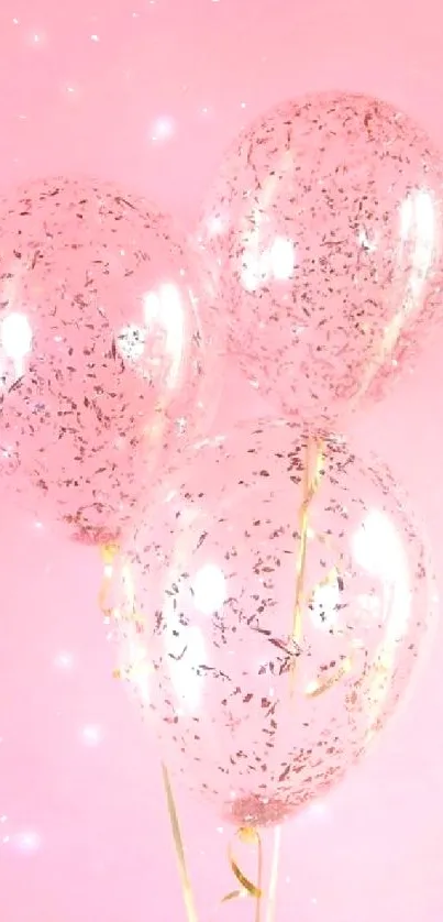 Three pink glitter balloons on a pink background.