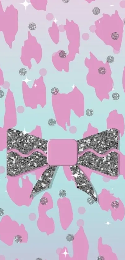 Mobile wallpaper with a pink glitter bow on pastel background.