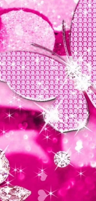 Glittery pink butterfly with diamonds on a vibrant pink background.