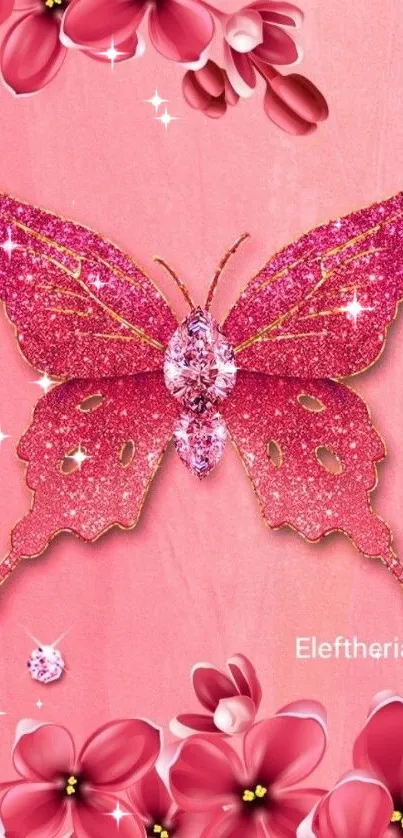 Pink glitter butterfly with floral accents on a mobile wallpaper.