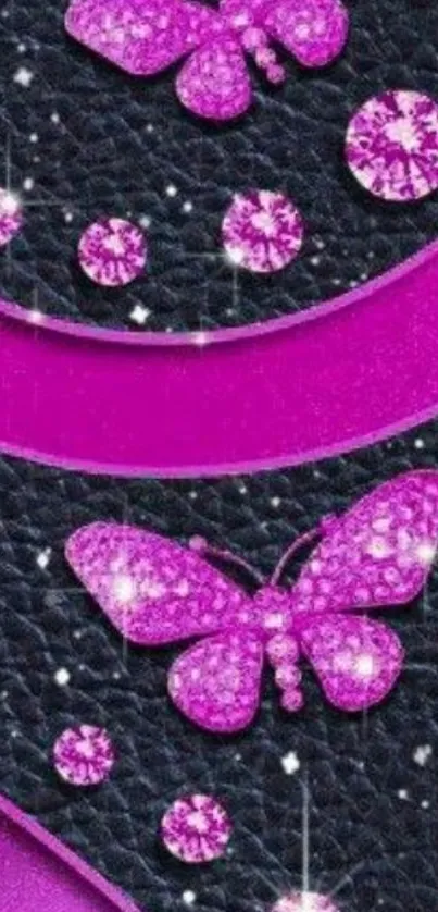 Pink glitter butterflies on a black textured background.