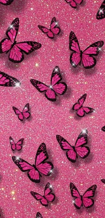 Pink glitter wallpaper with butterflies.