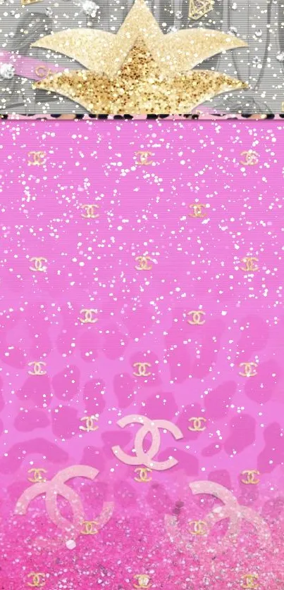 Pink wallpaper with gold glitter accents and fashion symbols.