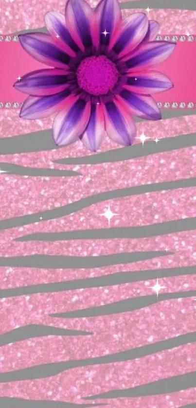 Vibrant pink glitter phone wallpaper with central purple flower.