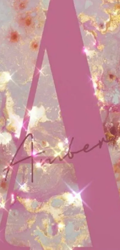 Pink glittery wallpaper with gold marble effect and a large letter A.