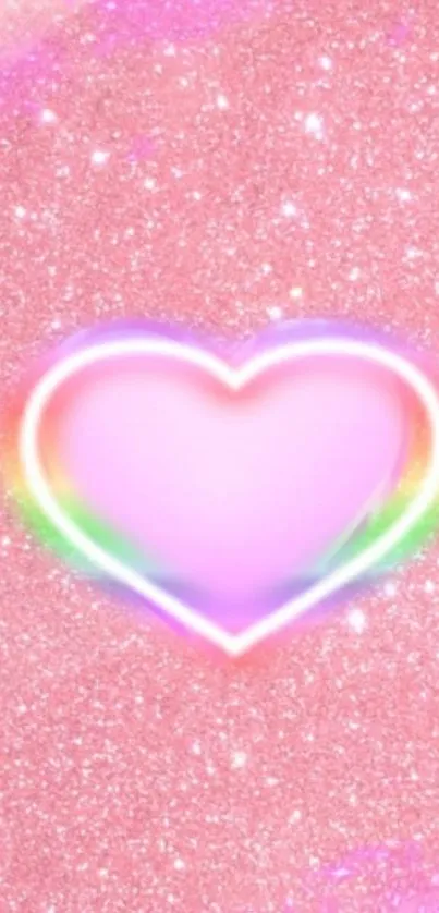 Pink glitter wallpaper with a glowing rainbow heart.