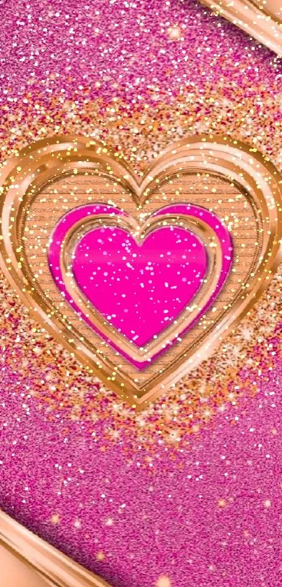 Pink glitter heart wallpaper with gold accents.