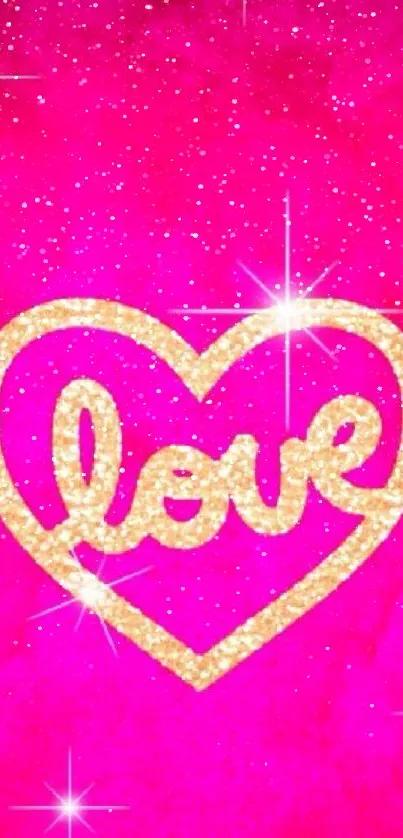 Pink wallpaper with glitter heart and 'love' text.