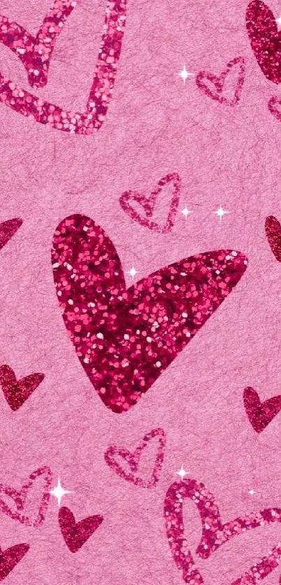 Mobile wallpaper with glitter pink hearts on a soft pink background.