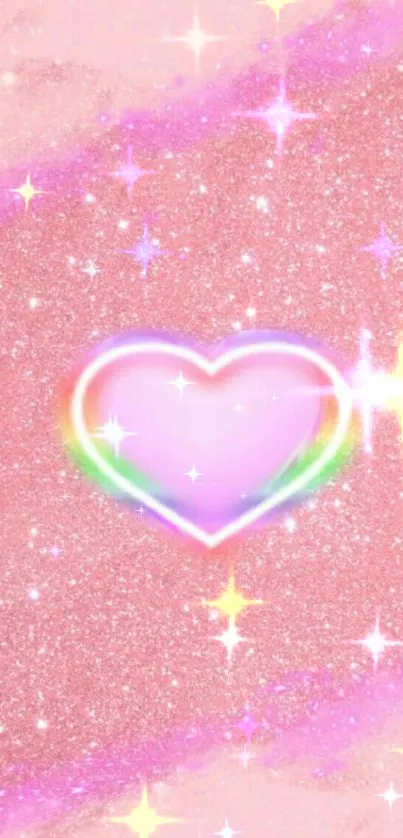 Pink glitter heart wallpaper with rainbow glow for mobile phone.