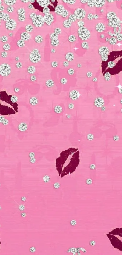 Pink wallpaper with diamonds and lip prints.