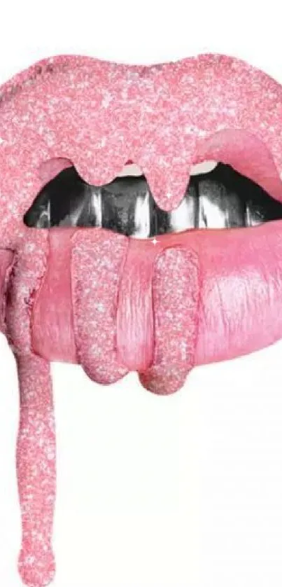 Dripping pink glitter lips on a white background.