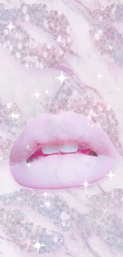 Pink glitter lips on marble background mobile wallpaper.