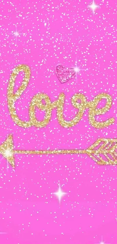 Pink wallpaper featuring glitter 'love' and arrow design.