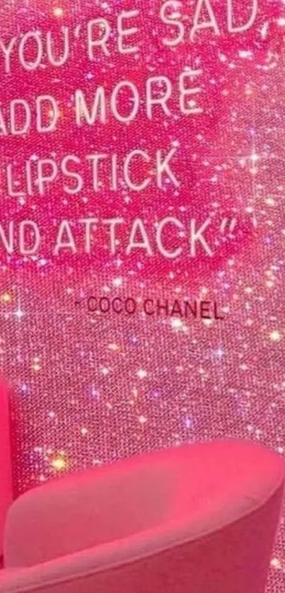 Pink glitter wallpaper with motivational quote by Coco Chanel.