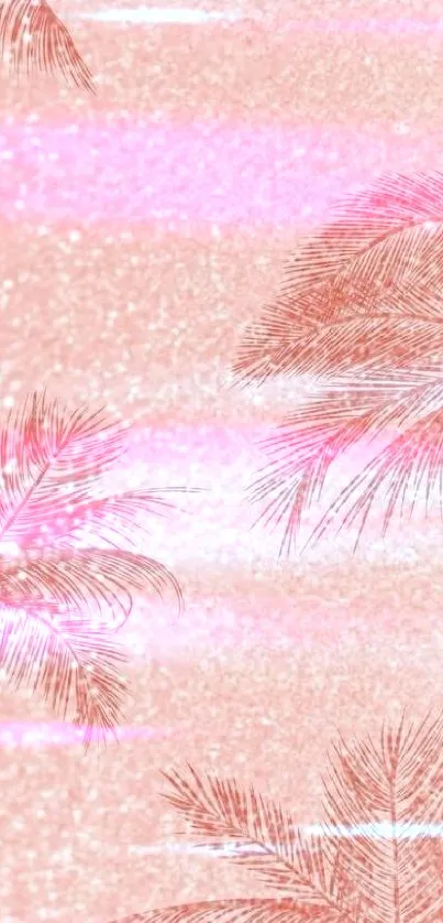 Pink glitter wallpaper with palm leaves.