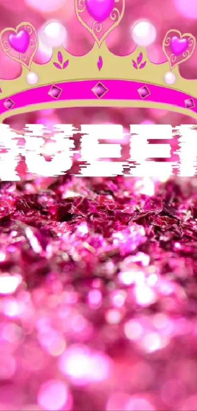 Pink glittery wallpaper with a crown and 'Queen' text overlay.