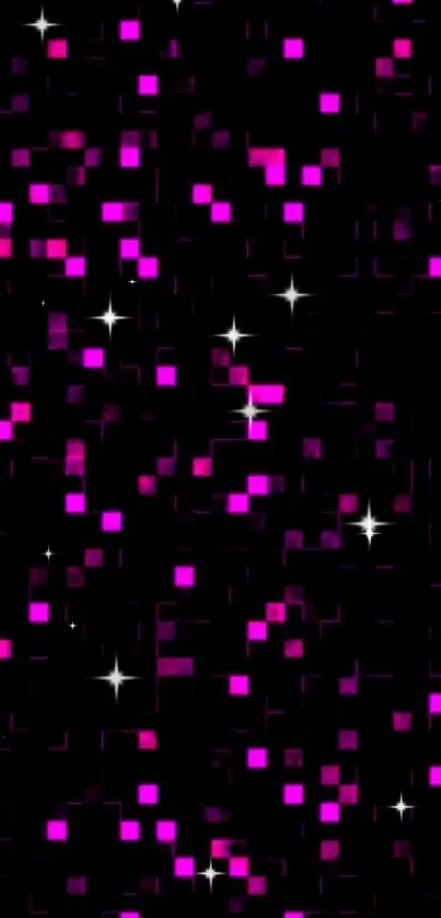 Pink and black pixel art wallpaper with glowing stars.