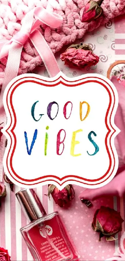 Pink good vibes wallpaper with roses and cozy decor.