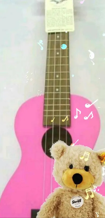 Pink guitar with teddy bear and musical notes wallpaper.