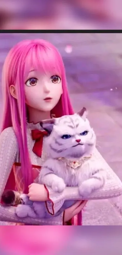 Anime girl with pink hair holding a fluffy cat.