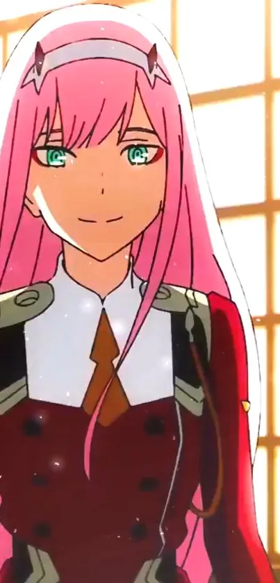 Anime character with pink hair and a red outfit smiling brightly.