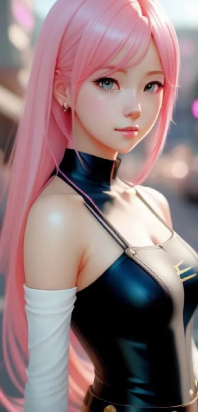 Anime-style pink-haired girl in futuristic cityscape on wallpaper.