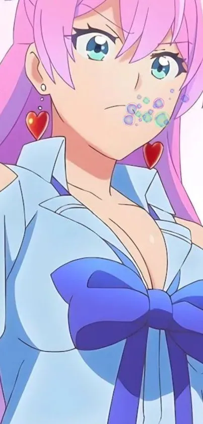 Anime girl with pink hair wearing a blue bow and heart earrings.