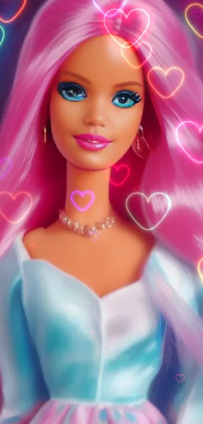 Fashionable doll with pink hair and a vibrant design.