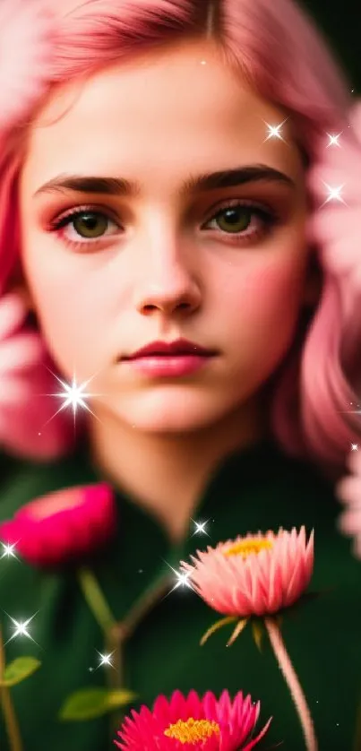 Pink-haired girl surrounded by flowers in a vibrant portrait.