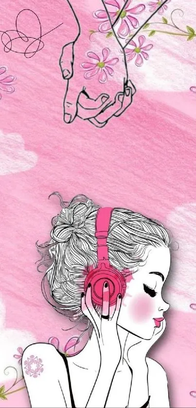 Artwork of girl with pink headphones and flowers.