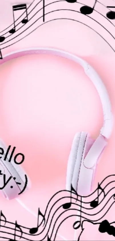 Pink headphones with musical notes design background.