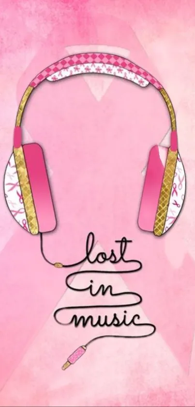 Pink headphones with 'lost in music' text on a pink background.