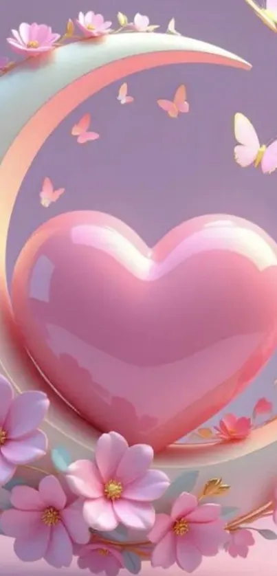 Pink heart with blossoms and butterflies wallpaper.