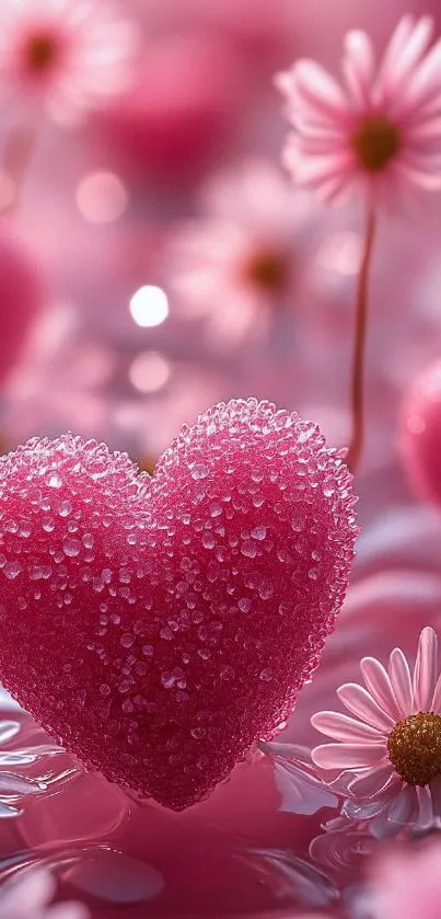 Pink heart surrounded by daisies in a dreamy setting.