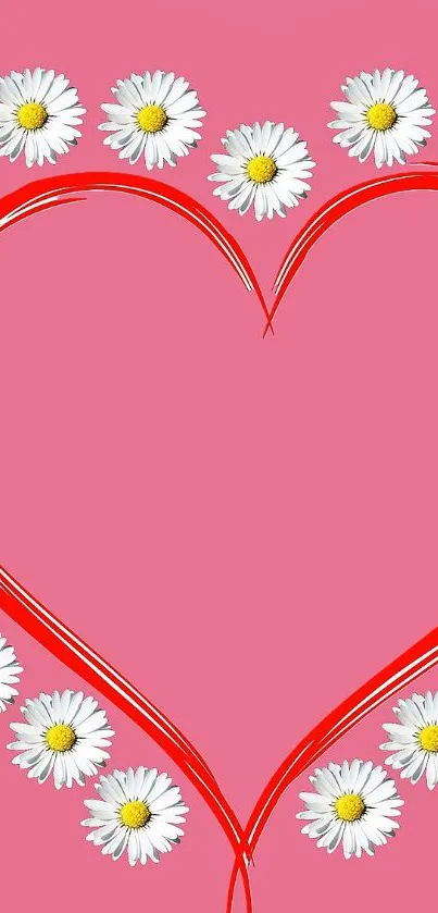 Pink heart with daisies on a mobile wallpaper background.