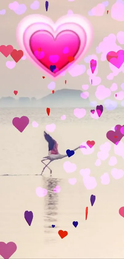 Serene scene of flamingos and a pink heart over calm water.
