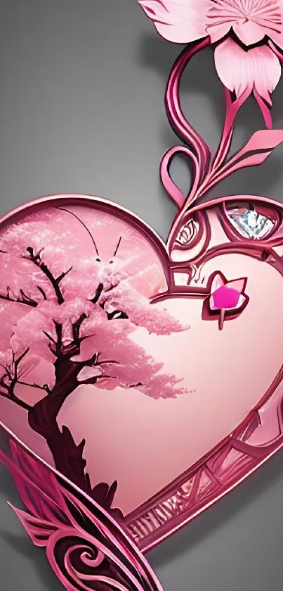 Pink heart and flower design wallpaper.